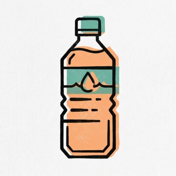 The illustration shows a plastic bottle with simple lines and colors, highlighting pollution and its impact on the environment.