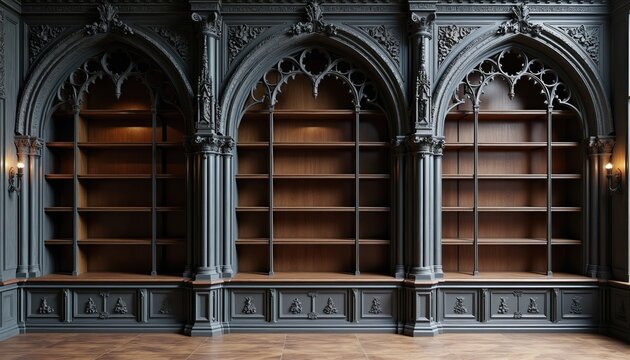 Ornate gothic shelves with arched tops fill wall space. Detailed woodwork and carved pillars create a grand library feel. Empty shelves await books or display items in this classic interior.