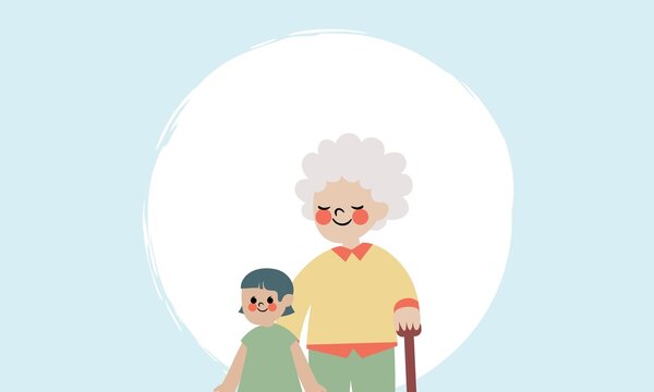 Ilustraci&oacute;n minimalista de abuela con su nieto compartiendo un momento de afecto