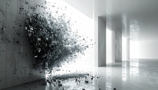 Fragmentation: A dynamic, deconstructed scene showcases an artistic transformation, as elements break free from a solid form, creating a sense of release and evolution.