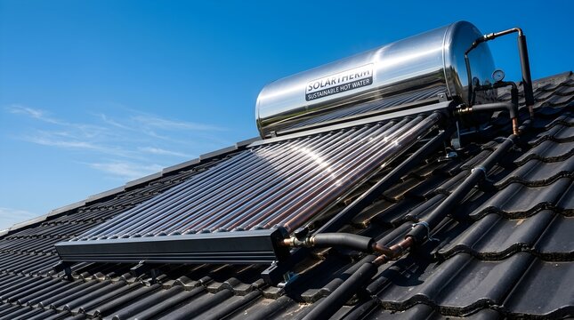 Installation of solar water heater system on rooftop under clear blue sky, sustainable energy technology, outdoor environment, close-up view, renewable heating concept