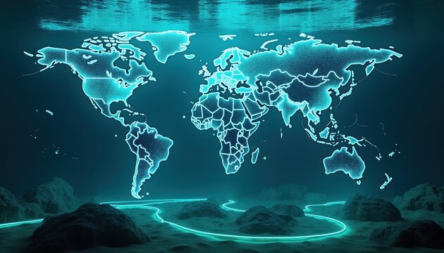 Digital world map glowing underwater with undersea cables connecting continents. Global network infrastructure laid on ocean floor, showing international data flow and communication.