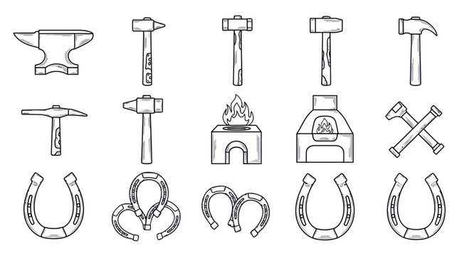 Blacksmith Tools and Horseshoes Collection: Anvil, Hammers, Forge, Horseshoes