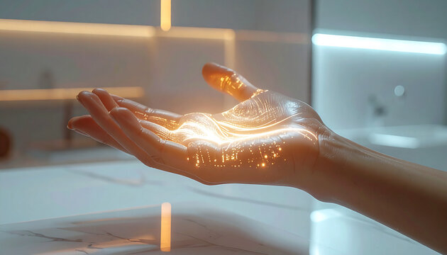 Golden Energy's Embrace: An intimate close-up of a hand emanating golden energy, showcasing a fusion of light and form with futuristic ambiance.