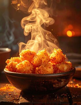 Crispy fried morsels dusted with spices, wafting warm steam in low light