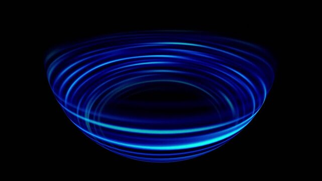 Blue neon spiral bowl animation, glowing electric blue concentric rings forming a bowl shape, rotating on black background, top-angle view, representing energy, vortex, and futuristic motion concept.