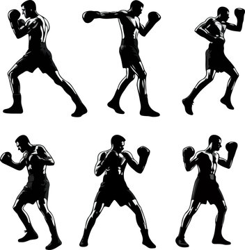 Staggered Stance of a Boxing Fighter in a Defensive Duel Position with High Contrast Shading and Detailed Muscle Lines.