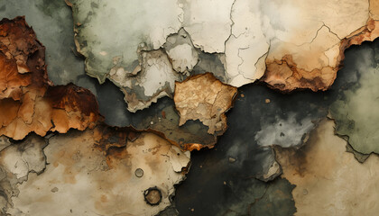Naklejka premium Abstract Aesthetic of Organic Decay and Wabi-Sabi: Beautifully Weathered Wall with Peeling Paint Layers, Cracked Plaster, and Distressed Texture for Heritage and Industrial Design Concept