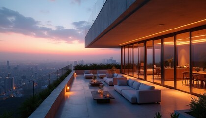 Obraz premium Luxury penthouse terrace offers city skyline view at sunset. Modern outdoor living space with comfortable seating and elegant lighting. Perfect for relaxation or entertaining.