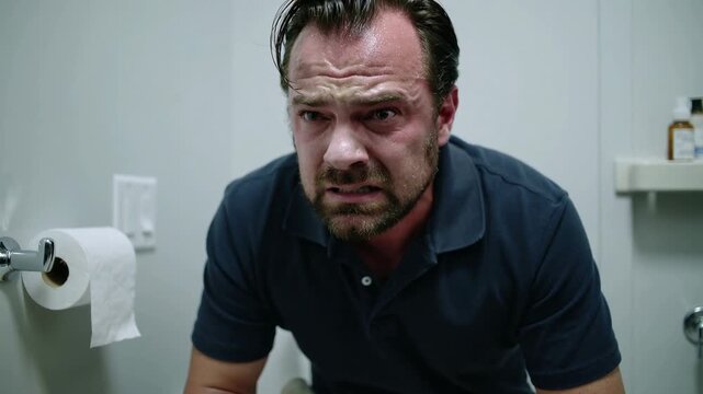 Man in dark blue polo shirt suffering from stomach pain in bathroom, medium shot