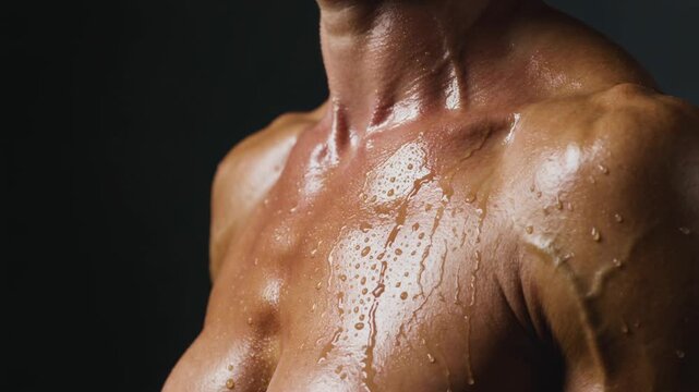Muscular woman with tanned skin covered in sweat droplets after intense workout close up