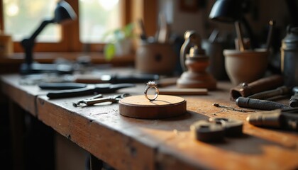 Obraz premium Jewelry making workbench with tools. Ring sizer pliers and crafting instruments for making necklaces bracelets. Precious metalwork creation art.