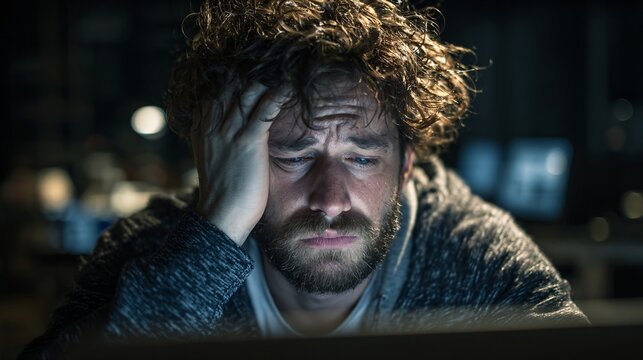 Sleep deprived man staring at computer screen late at night showing burnout anxiety fatigue and emotional strain from prolonged remote work at home