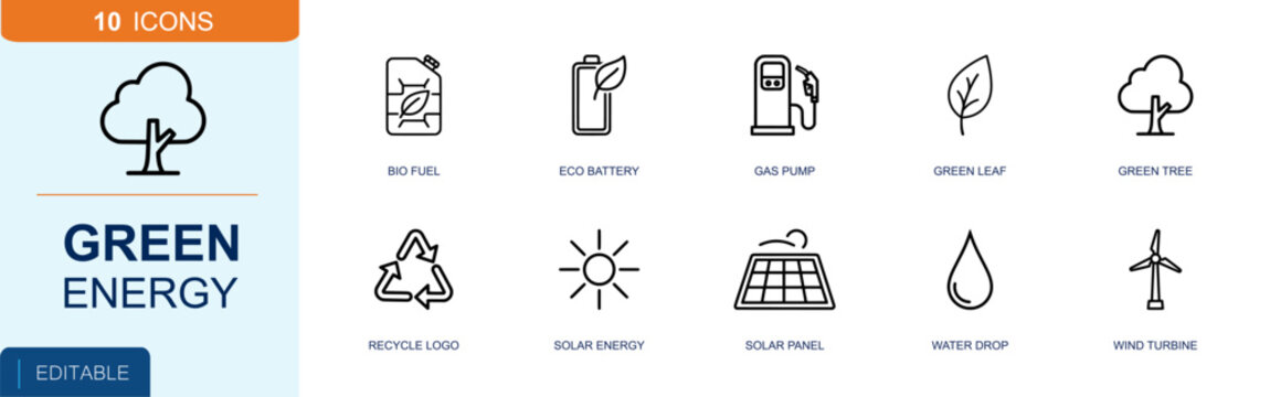 Renewable energy icon set. Containing bio fuel, eco battery, gas pump, green leaf, green tree, recycle logo, solar energy, solar panel, wind turbine and more. Solid fill vector icons.
