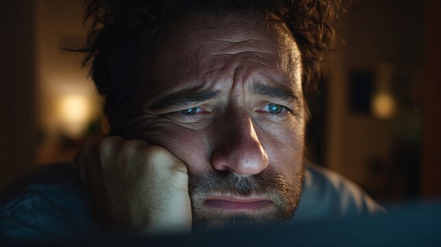 Close up of fatigued man staring at screen with burnout stress and eye strain during late night work session at home