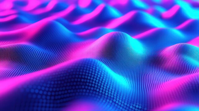 Abstract digital landscape of undulating shapes with pink and blue gradient light