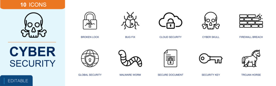 Cybersecurity icon set. Containing broken lock, bug, cloud security, skull, firewall, global security, malware worm, secure document, security key and more. Solid fill vector icons.