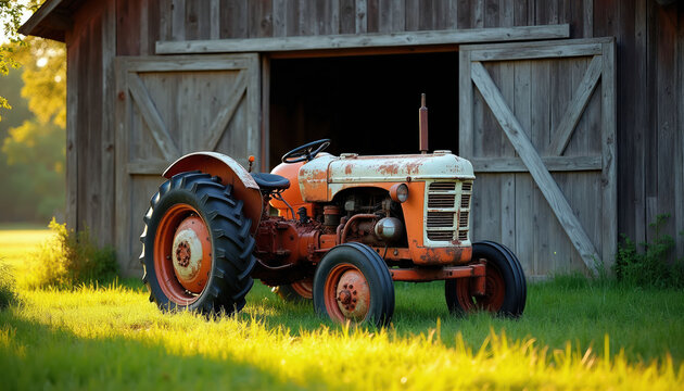 Old orange tractor sits outside rustic wooden barn in grassy field. Antique farm vehicle waits for work. Rural landscape, countryside, weathered metal machine.