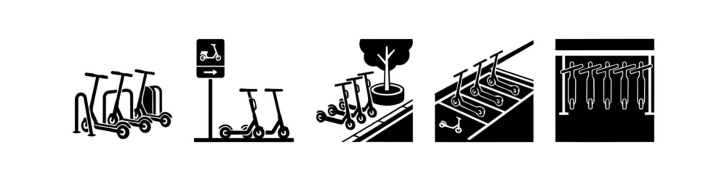 Set of five minimalist black and white icons showing electric scooter parking zones, charging stations, and urban micro-mobility infrastructure for smart city concepts.