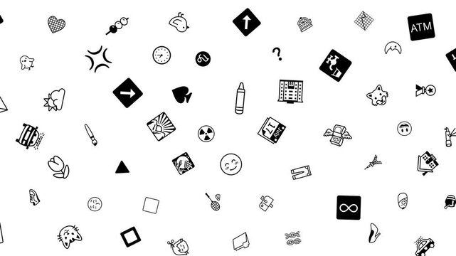 Black Doodle Icon Pattern Floating on White Background, Random Pictogram Symbol Collage, Flying Cute Icon Animation Motion Graphics Seamless Loop, 4K