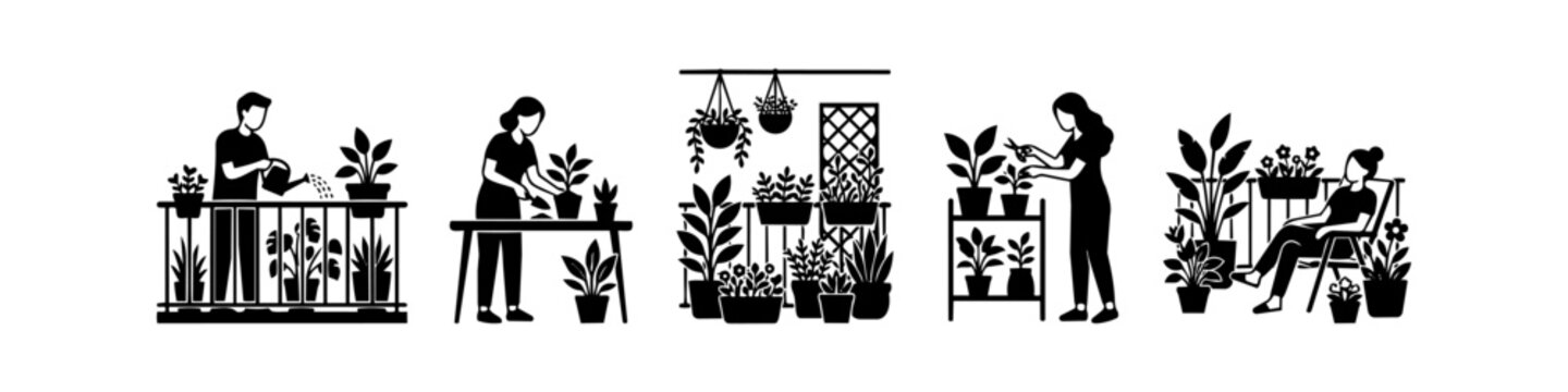 Vector silhouette illustrations of people tending to balcony gardens, watering, planting, and relaxing amidst greenery. Minimalist black and white set of urban gardening scenes.