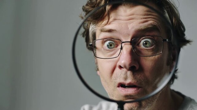 Man looking through magnifying glass at camera lens with surprised facial expression close up