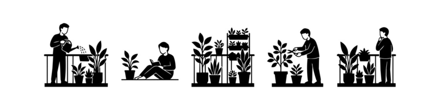 Minimalist vector silhouette set of urban balcony gardening. People watering, pruning, and relaxing with potted plants, illustrating sustainable apartment living and plant care hobbies.