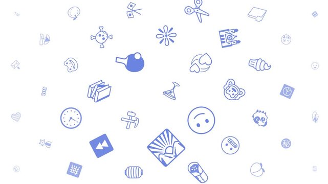 Blue Doodle Icon Pattern Floating on White Background, Pulsing Pictogram Symbol Collage from Center, Breathing Cute Icon Animation Motion Graphics Seamless Loop, 4K