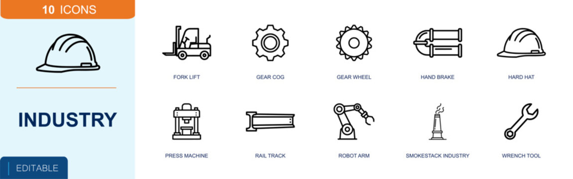 Industrial manufacturing icon set. Containing fork lift, gear cog, gear wheel, hand brake, hard hat, press machine, rail track, robot arm, smokestack and more. Solid fill vector icons.