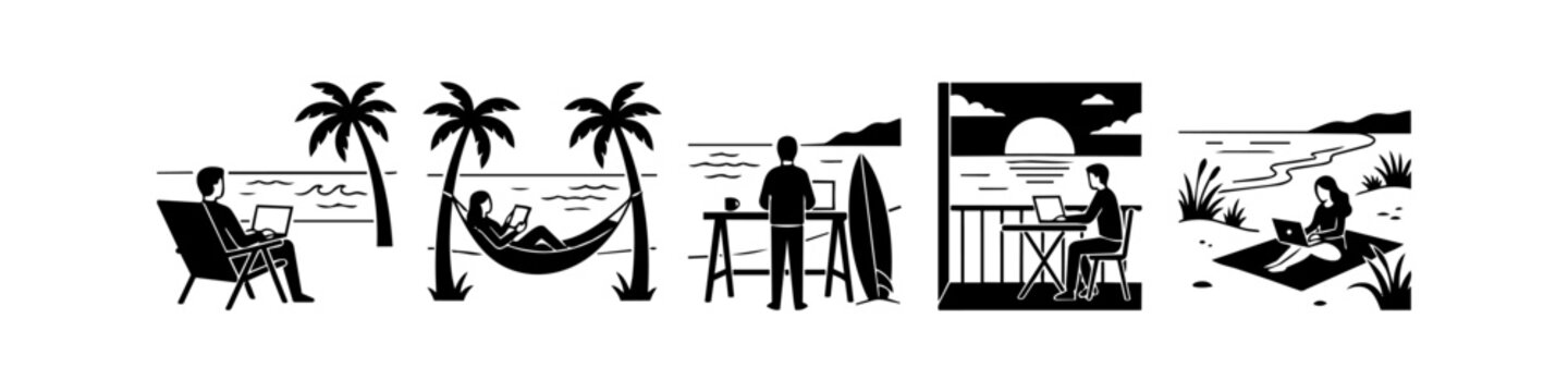 Set of minimalist black and white icons depicting digital nomads working remotely from tropical beach locations. Illustrations of people with laptops on hammocks, balconies, and sandy shores.