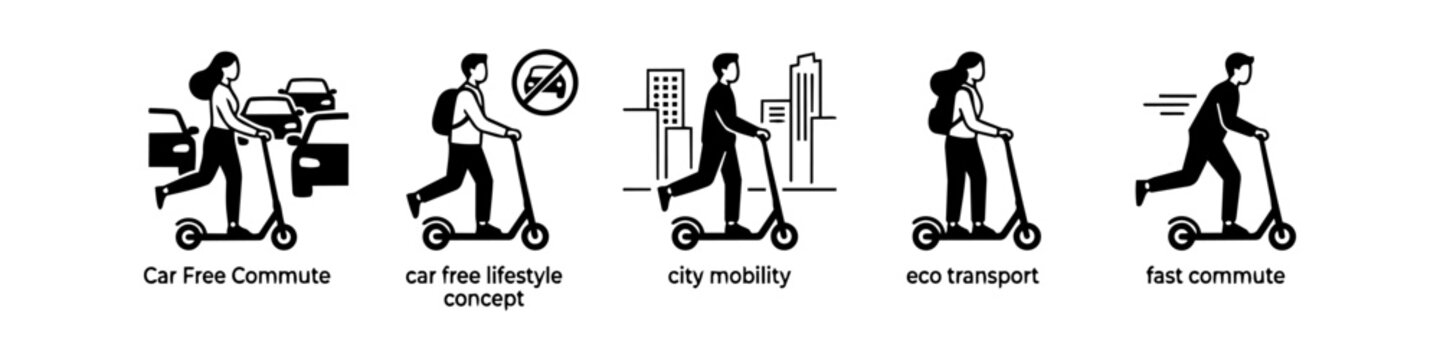 Minimalist vector icons illustrating eco-friendly city mobility with electric scooters. Concepts include car-free commute, sustainable lifestyle, urban transport, and fast travel through traffic.