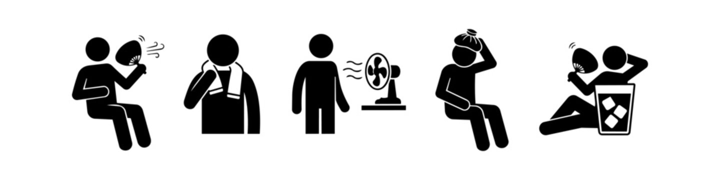Stick figure icon set illustrating methods to cool down and prevent heatstroke during hot summer weather, featuring fans, ice packs, hydration, and towels.