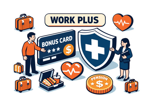 Work Plus employee benefits and compensation illustration with diverse icons