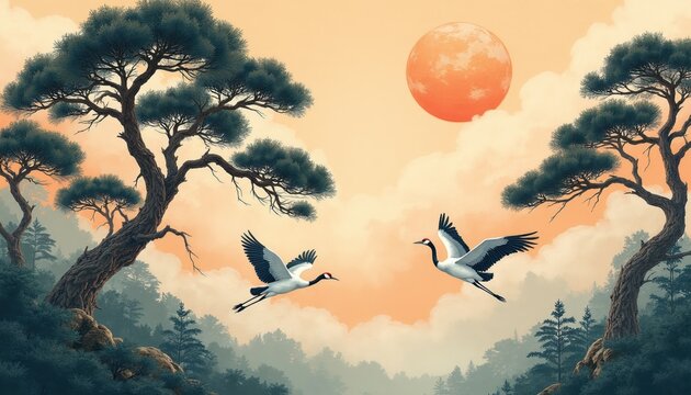 Two red-crowned cranes fly near old pine trees with a large orange sun in the sky. Foggy forest landscape under clouds. Peaceful scene with traditional Japanese art style. Natural beauty.