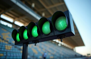 Fototapeta premium Racing circuit start lights show green. Ready for race to begin. Go signal for cars on track. Motorsport event starts now. Spectators await action in stands.