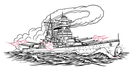 Battleship firing cannons in rough seas, ink drawing, historical warship at battle © kuni