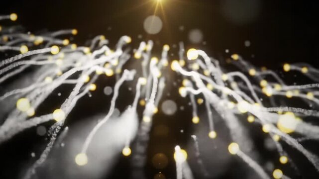 Luminous white particle trails with pulsating nodes flow upwards on deep black, golden lens flare. Tracking video with soft bokeh. Concept of digital evolution.
