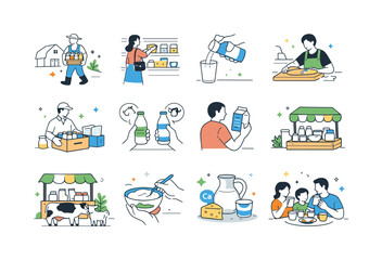 Naklejka premium Dairy products and healthy lifestyle illustrations for a balanced diet