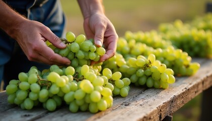 Naklejka premium Farmer examines fresh green grapes on a wooden table. Man hands check ripeness of harvested bunches outdoors. Sunlight illuminates the table, showing texture and natural fruit.