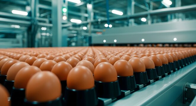 Automated egg sorting and processing line in a modern industrial factory.