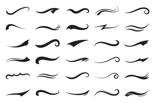 Swoosh tails collection, featuring retro sports underline black curly shapes, baseball text tails, and vector swooshes isolated on white background. Vintage swish shapes and brush strokes. Eps10 