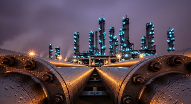 Industrial oil and gas refinery complex with pipes at night.