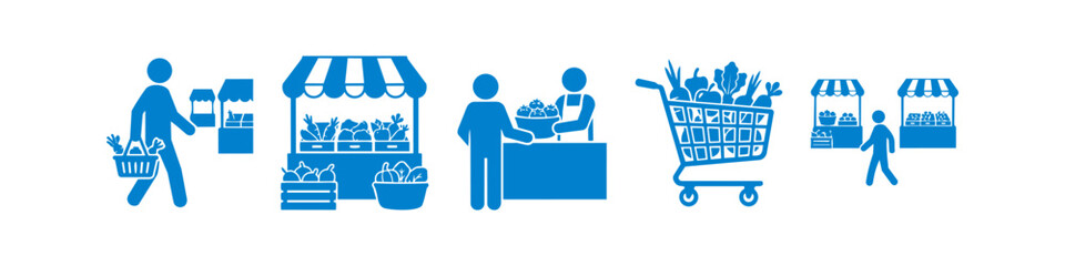 Set of blue icons depicting a farmers market experience, featuring people shopping, market stalls, and a full grocery cart of fresh organic vegetables and fruits on a white background. © Nort Kor