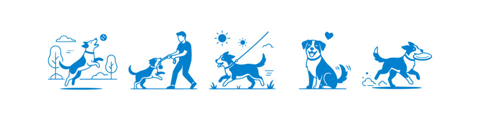 Set of blue vector icons depicting a dog playing fetch, walking on a leash, and interacting with its owner. Ideal for pet care, training, and veterinary marketing materials. © Nort Kor