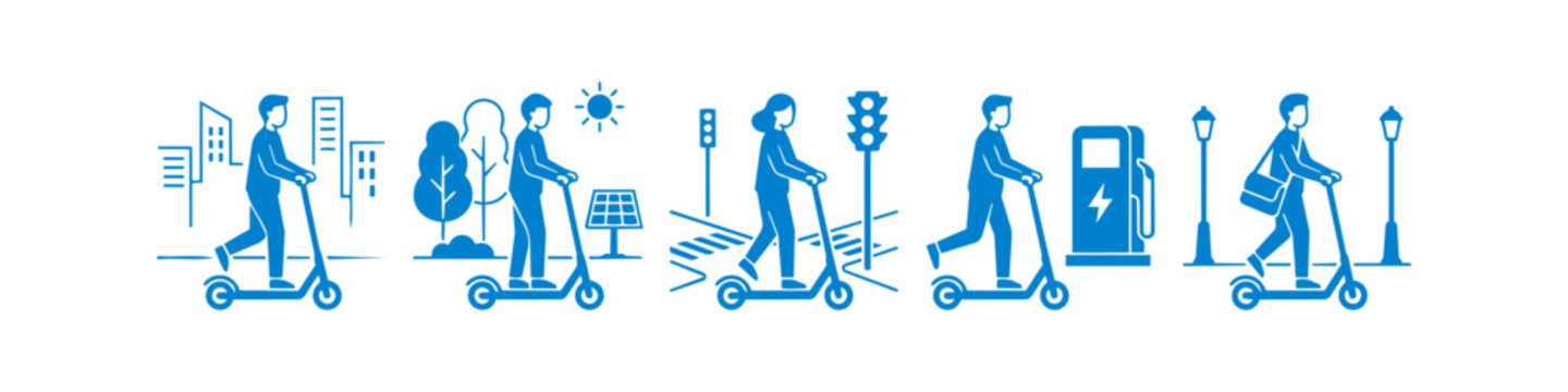 Flat blue icon set depicting electric scooter use in various urban scenarios like commuting, park riding, charging, and crossing streets. Represents sustainable mobility and green energy.