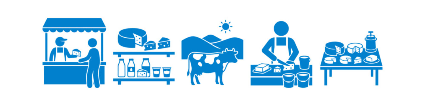 Blue flat icons illustrating the dairy and cheese production cycle, from cows in pasture and artisanal crafting to market sales and various dairy products on shelves.