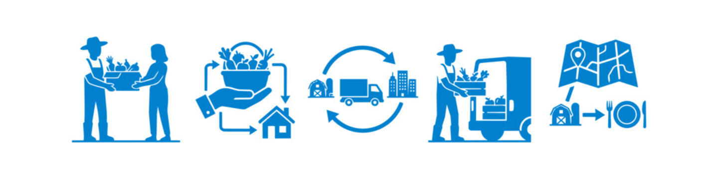 Blue flat icons depicting the farm-to-table process, local food supply chain, delivery from farm to city, and fresh produce distribution for sustainable healthy living.