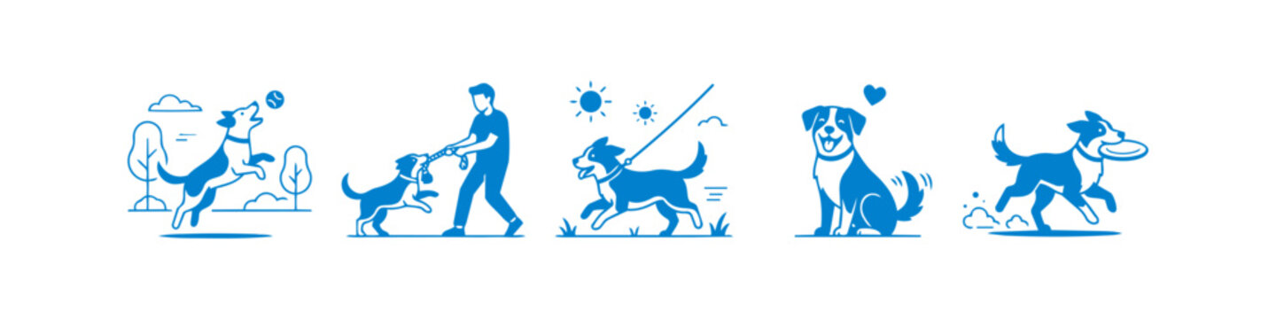 Set of blue vector icons depicting a dog playing fetch, walking on a leash, and interacting with its owner. Ideal for pet care, training, and veterinary marketing materials.