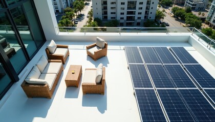 Naklejka premium Modern apartment rooftop terrace with solar panels and wicker furniture. Outdoor seating area offers city views. Sunny day illuminates green trees and buildings below.