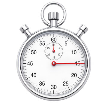 Professional silver analog stopwatch showing fifteen seconds past the minute displayed as an isolated icon on transparent background